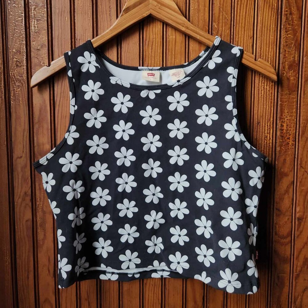 LEVI'S Daisy Crop Tank Top - Blue and White - High Neckline - Size Large